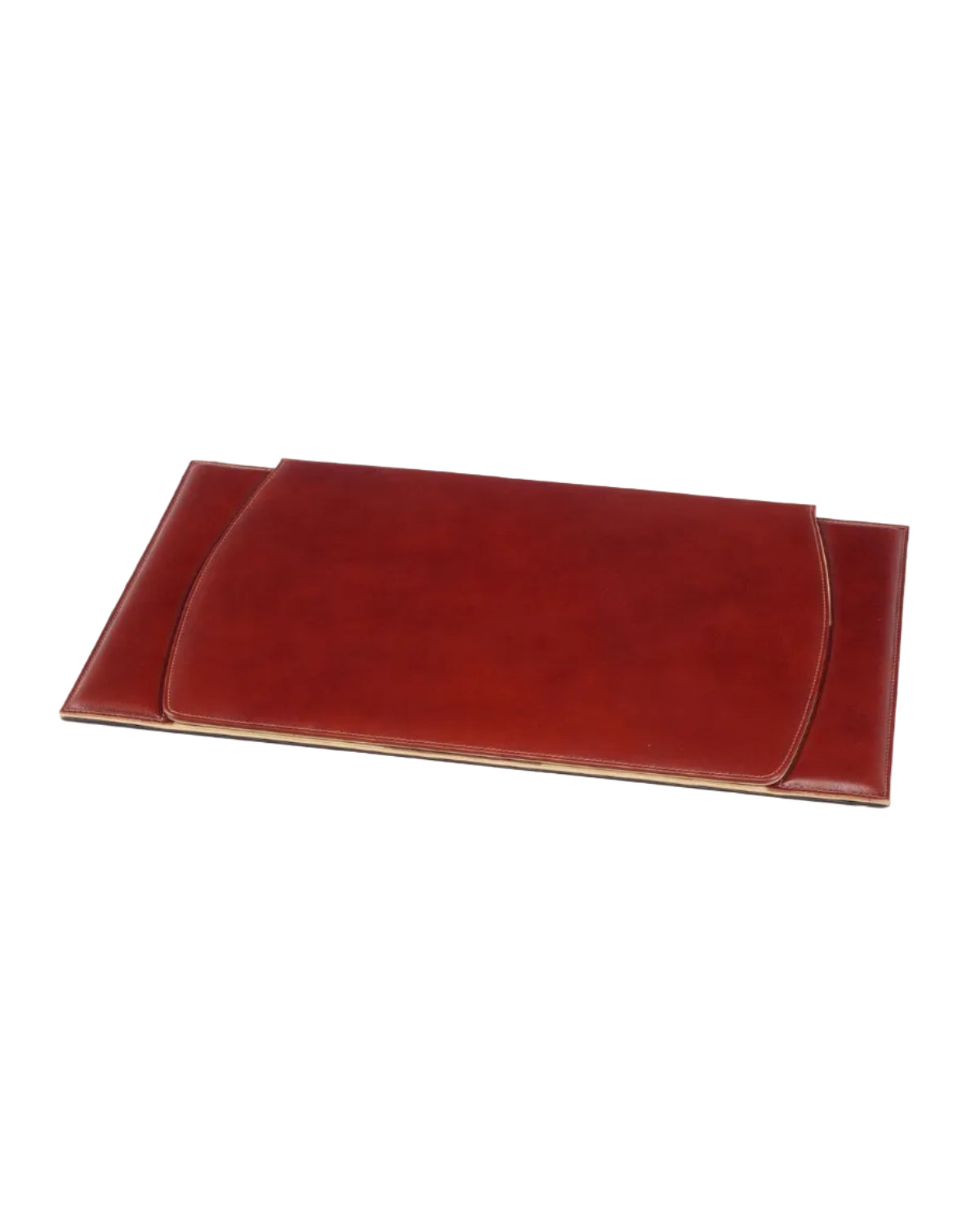 A closed brown leather desk pad with a slight sheen, indicating a luxurious finish.