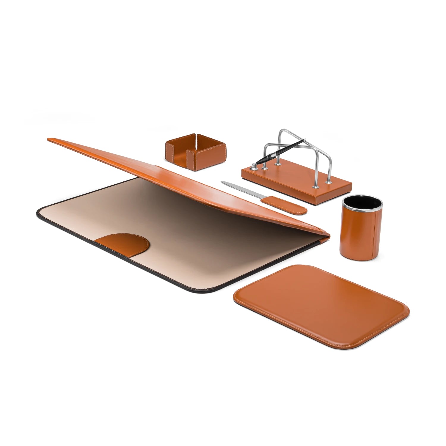 Collection of office accessories including a mouse pad, pen holder, and cup on a white background.