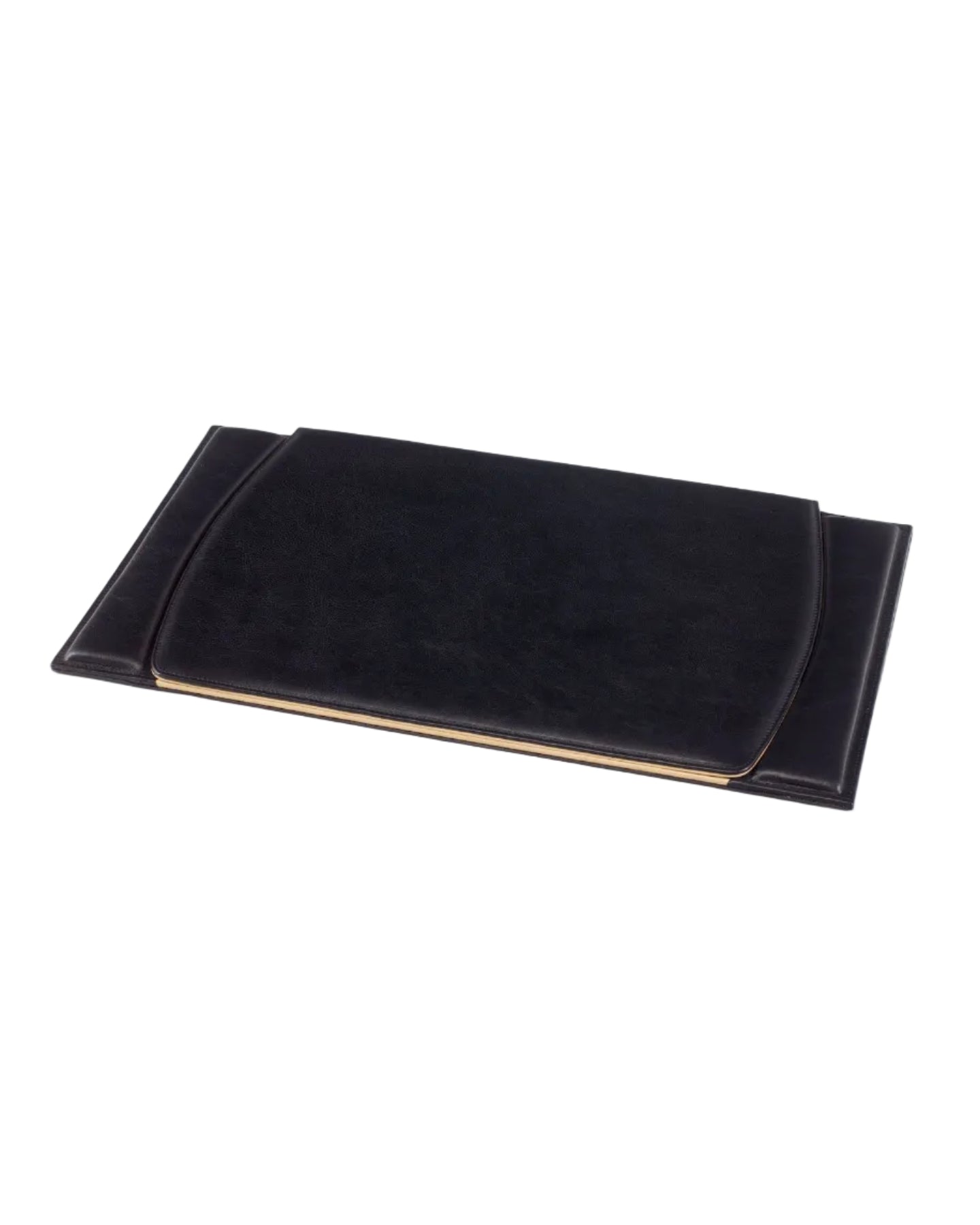 A black leather or faux-leather sleeve or cover with a curved top flap, shown at an angle on a plain white background.