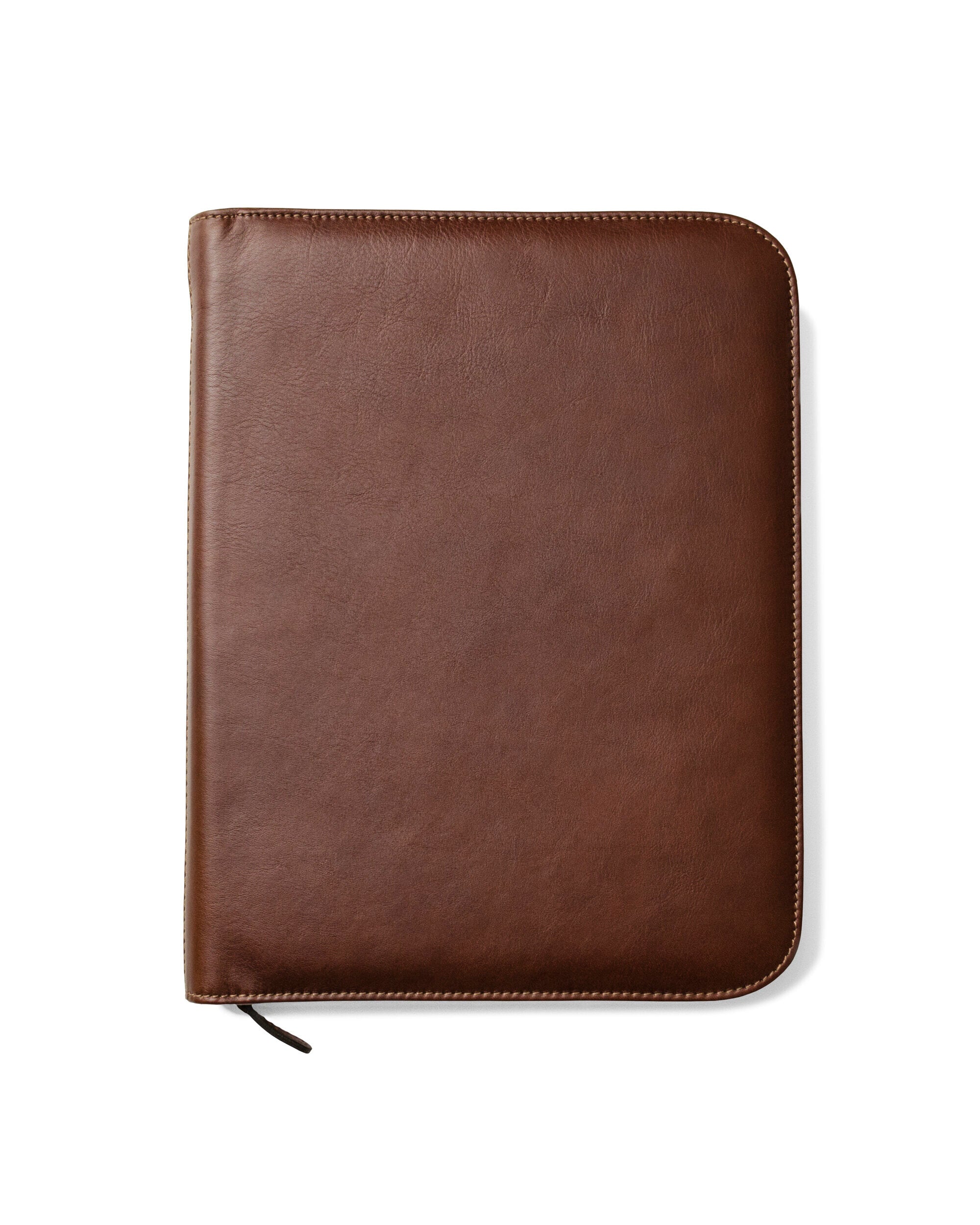 A brown zippered leather portfolio with a full-grain calf leather exterior and a secure zip-around closure.